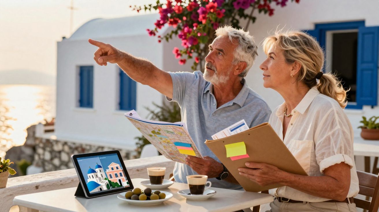 Casal sénior planeando viagem com mapas ao ar livre em mesa com café e tablet na costa mediterrânea.