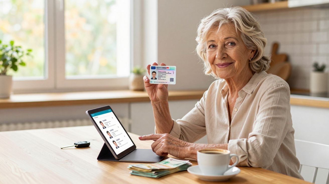 Mulher idosa a sorrir, segurando cartão de identificação e usando tablet numa mesa com dinheiro e café.