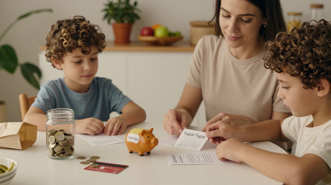 Mãe e dois filhos sentados à mesa a aprender sobre finanças com cofrinho, moedas e documentos.