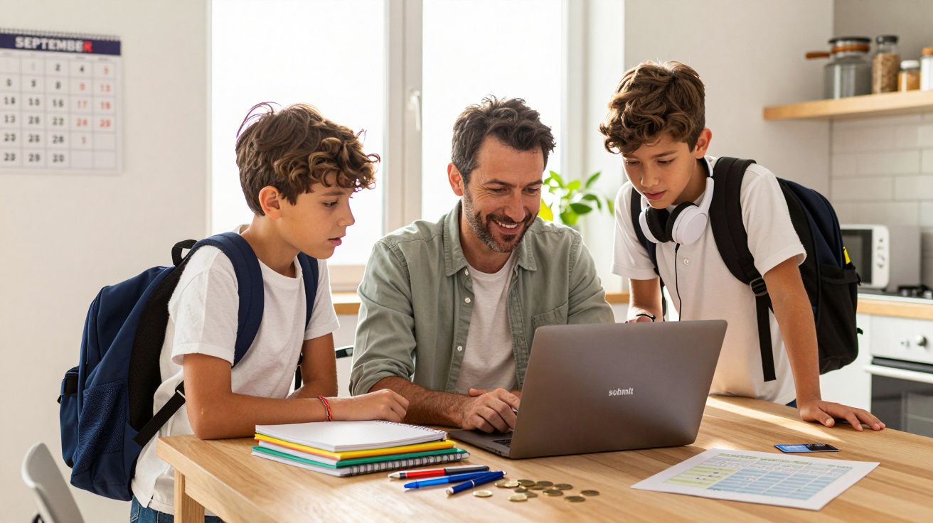 Pai e dois filhos com mochilas a usar computador portátil na cozinha durante a manhã.