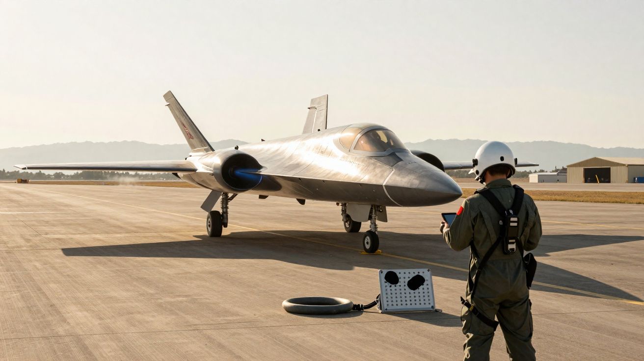 Avião militar estacionado em pista com piloto em uniforme e capacete a preparar-se junto a equipamento.