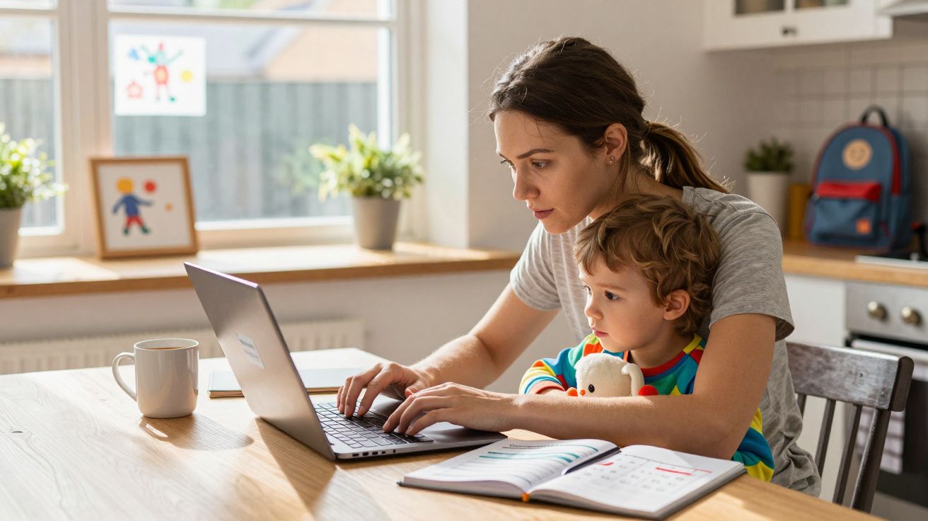 Mulher a trabalhar num computador portátil com criança ao colo numa cozinha iluminada.