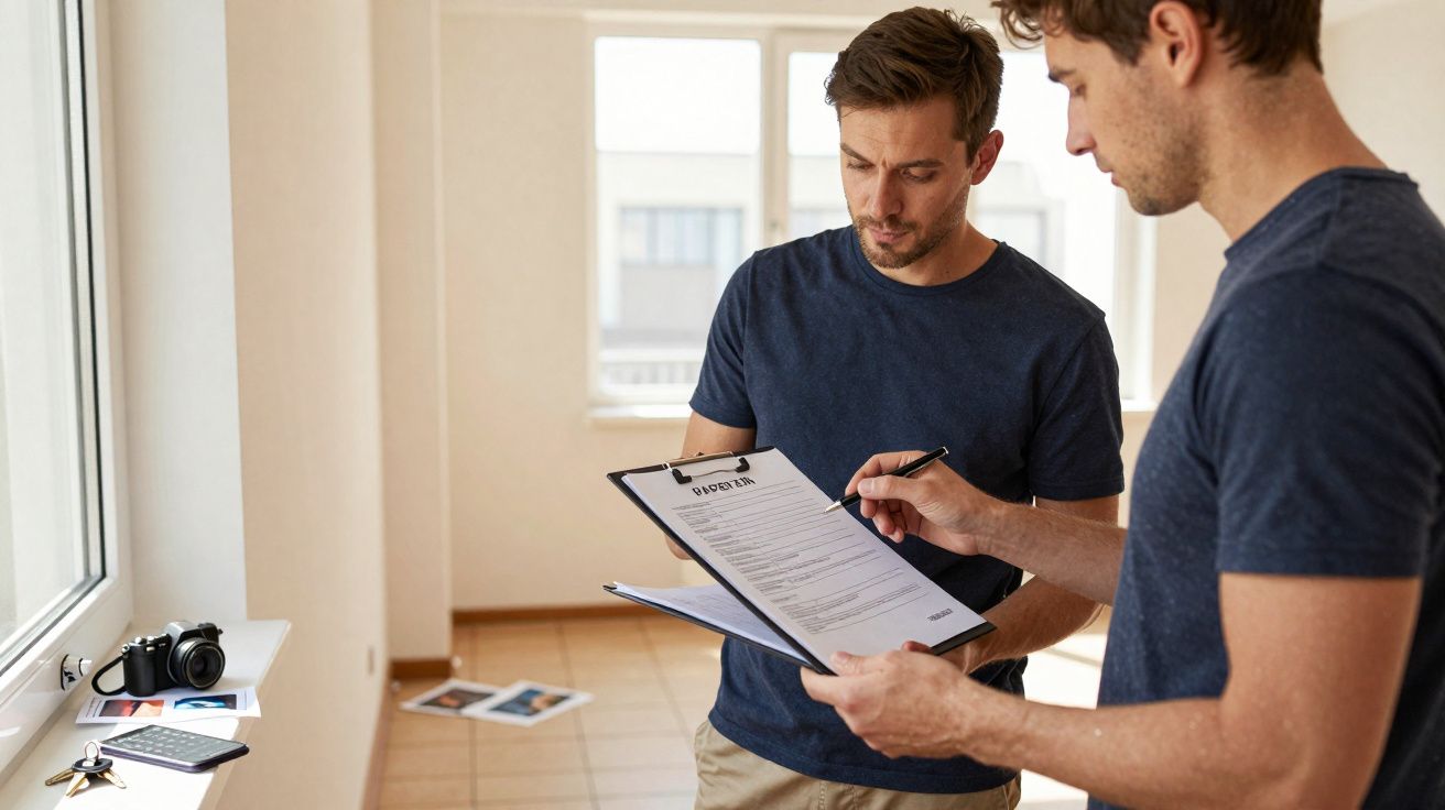 Dois homens em t-shirts azuis analisam e discutem documentos num apartamento vazio e iluminado.