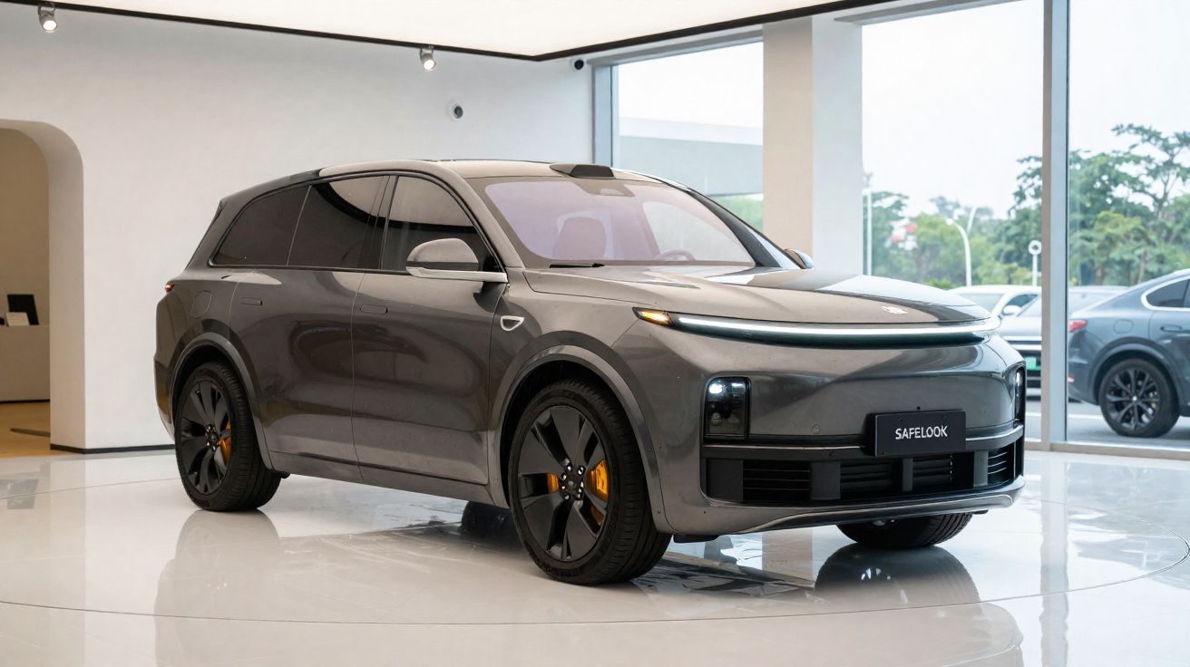 Automóvel SUV cinzento moderno estacionado numa sala de exposição com janelas amplas e brilho no chão.