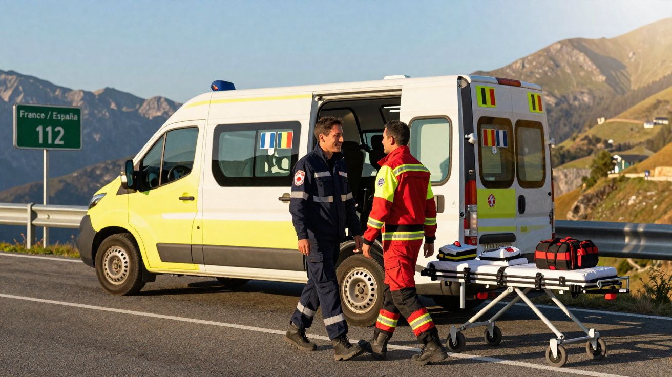Socorristas ao lado de ambulância amarela numa estrada perto da fronteira França-Espanha com montanhas ao fundo.