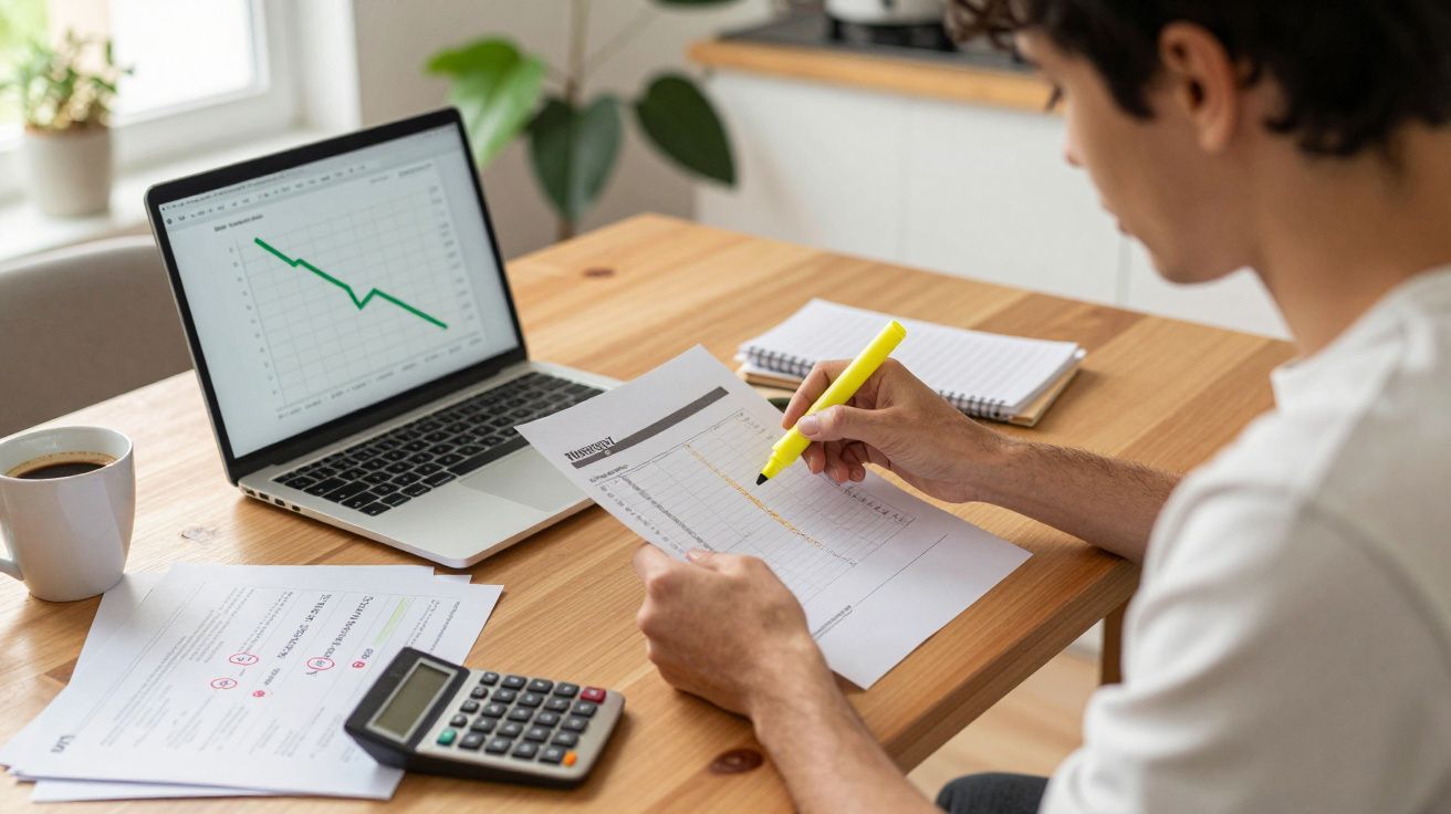 Pessoa a analisar gráficos e documentos financeiros numa secretária com computador, calculadora e café.