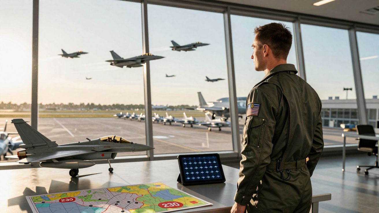 Piloto militar em sala de controlo a observar jatos de combate a voar sobre a pista de descolagem.