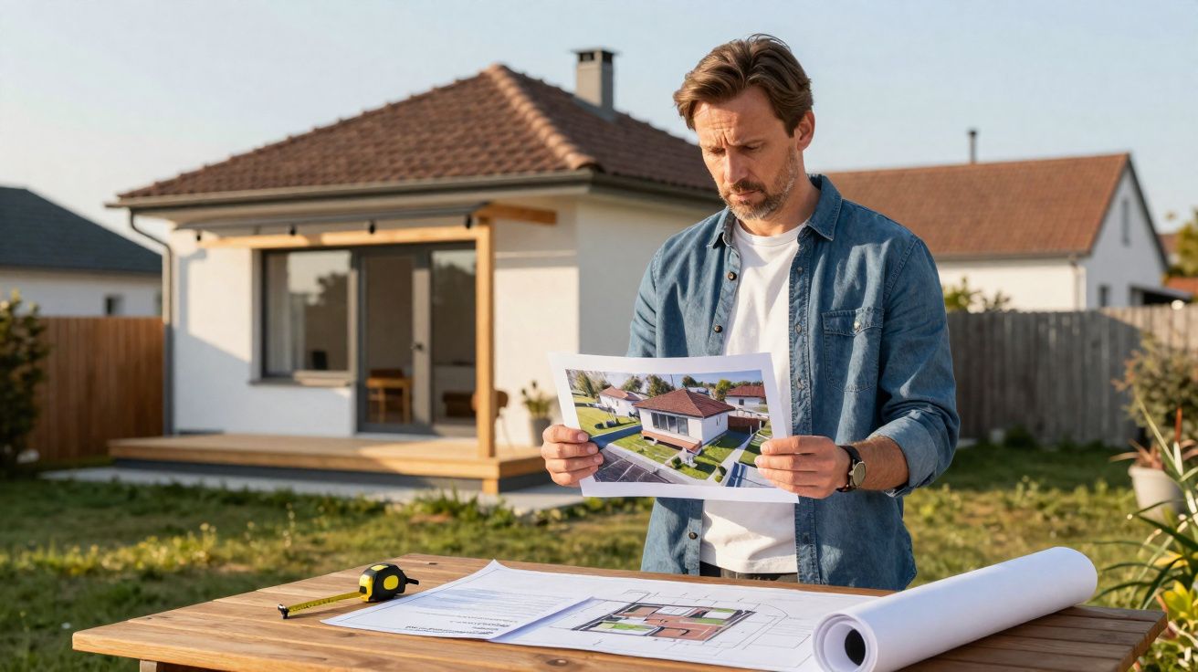 Homem a analisar plantas de arquitetura em mesa ao ar livre, com casa moderna ao fundo.