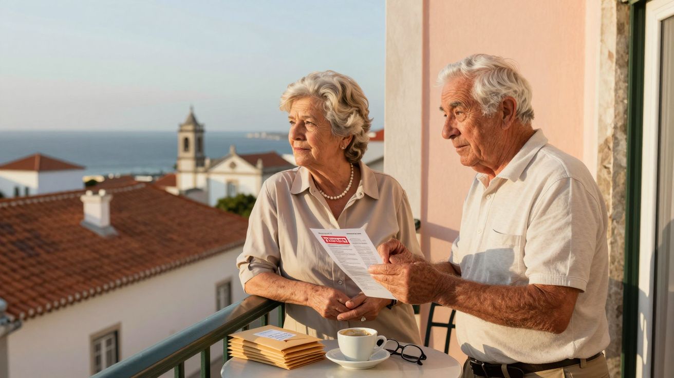 Casal sénior na varanda de casa com vista para o mar, a ler correspondência juntos ao pôr do sol.