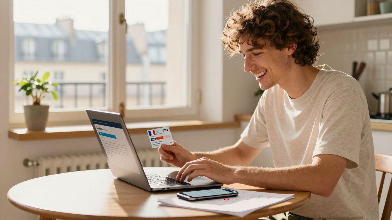 Jovem sorridente a fazer compras online com cartão de crédito num ambiente doméstico luminoso.