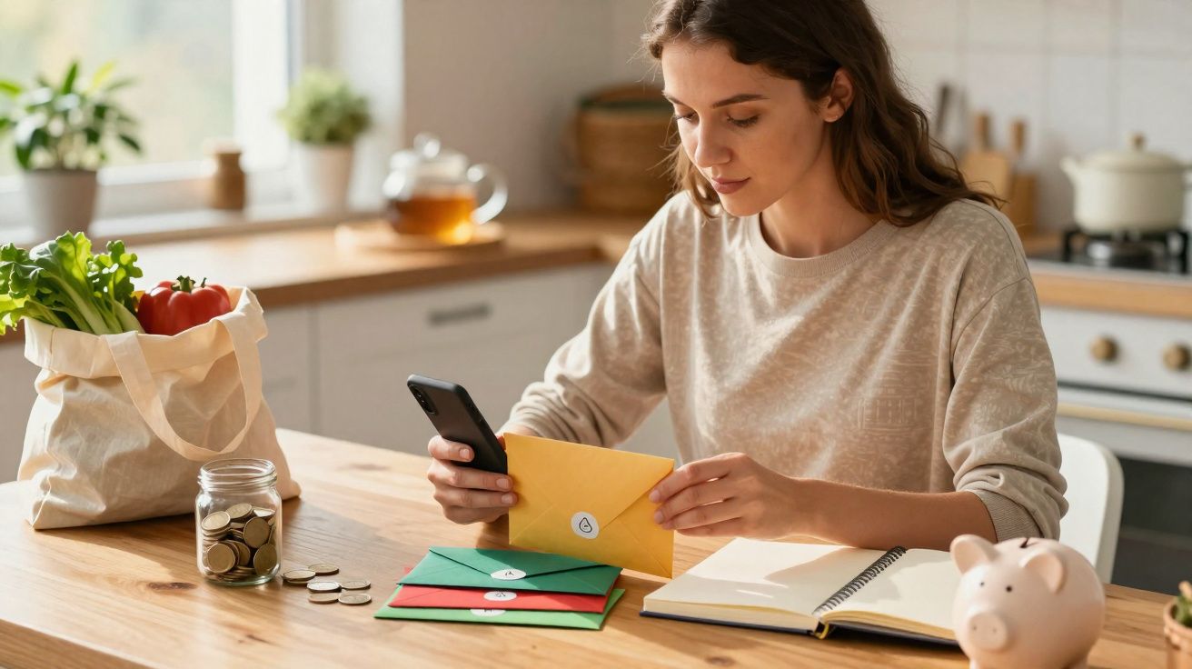 Mulher sentada à mesa a organizar envelopes e moedas com cofrinho e legumes numa cozinha moderna.