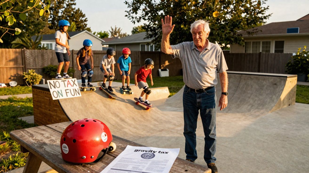Homem idoso cumprimenta crianças de capacete numa rampa de skate com cartaz "No tax on fun".