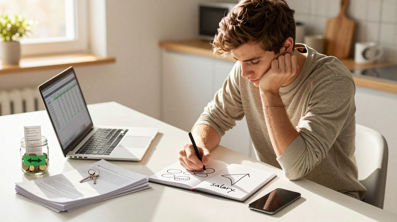 Jovem a analisar gráficos e notas sobre um salário, sentado à mesa com computador portátil e documentos.