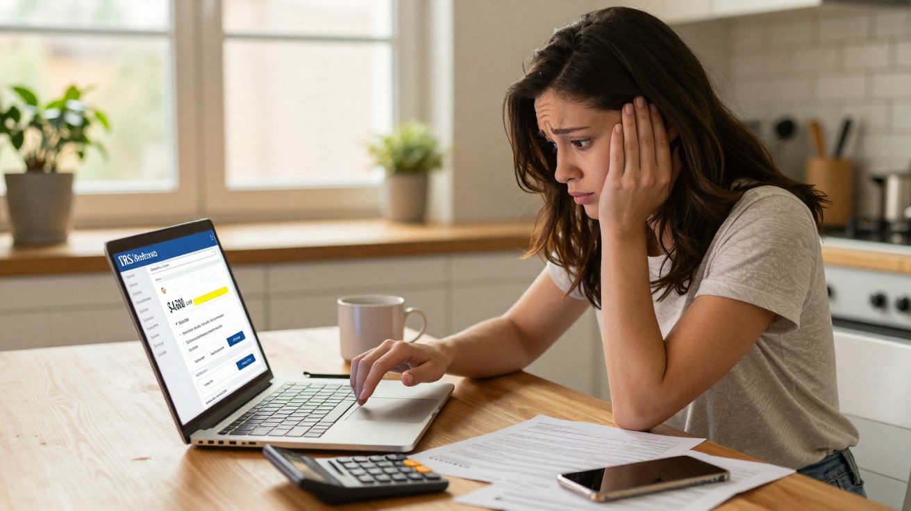 Mulher preocupada a consultar finanças no computador com documentos, calculadora e telemóvel na mesa.