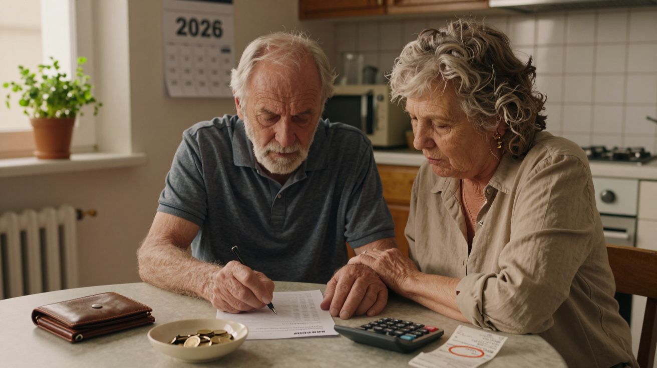 Casal idoso sentado à mesa a analisar contas com calculadora, moedas e documentos numa cozinha.