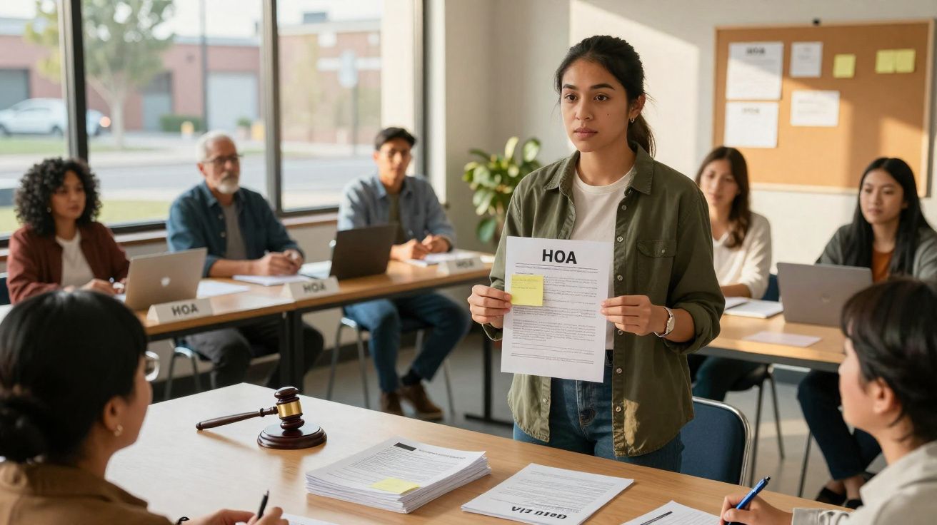 Jovem a apresentar documento numa reunião formal com várias pessoas sentadas à mesa num escritório.