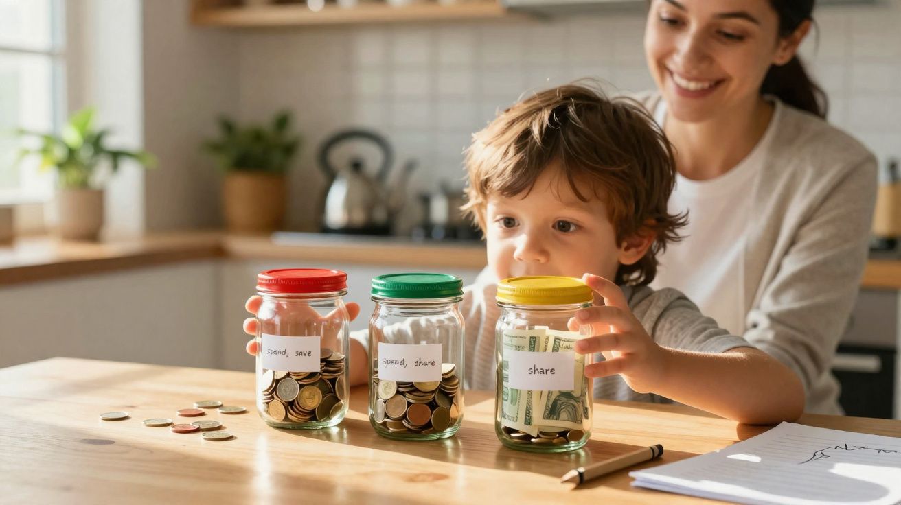 Criança com mãe a separar moedas em três frascos rotulados para poupar, gastar e partilhar na cozinha.
