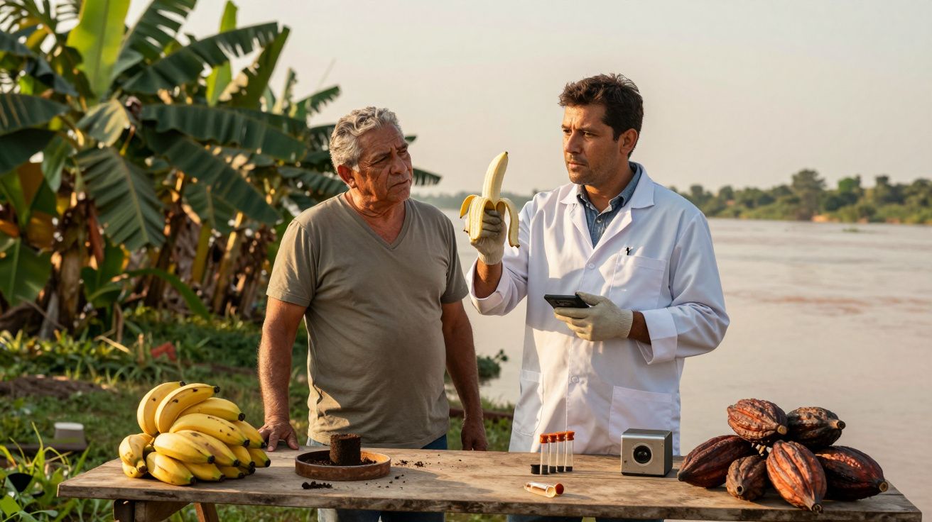 Agricultor e cientista analisam banana numa mesa com bananas, frutos de cacau e instrumentos junto a bananal e rio.