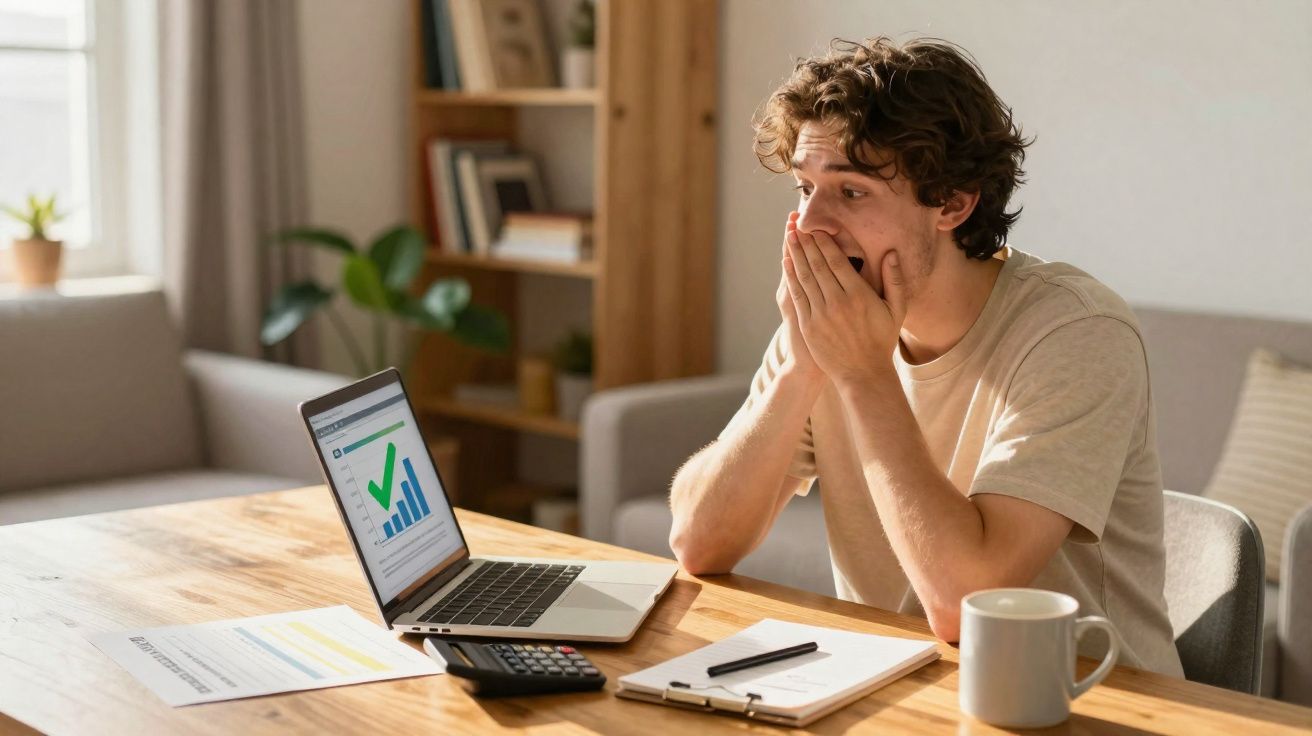 Homem surpreendido a olhar para gráficos e dados financeiros num computador portátil numa mesa.