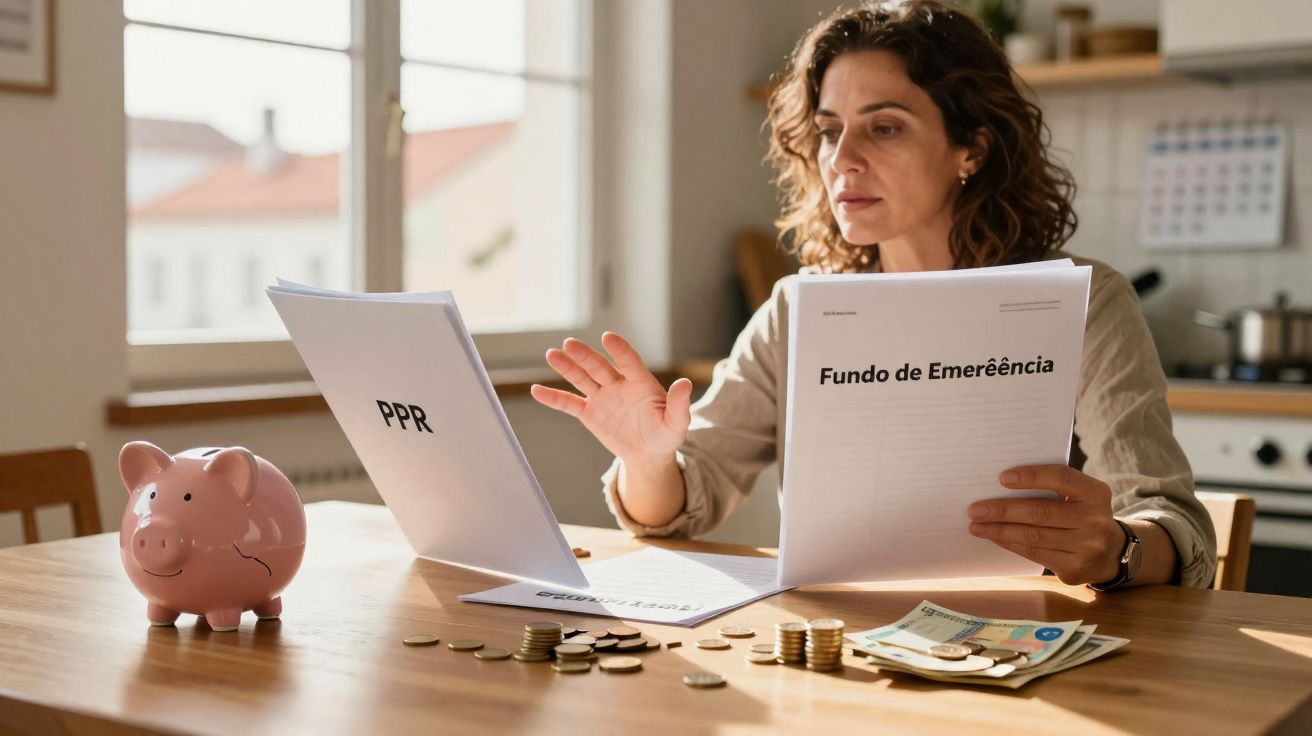 Mulher a analisar documentos financeiros sobre poupanças com cofrinho, moedas e notas numa mesa.