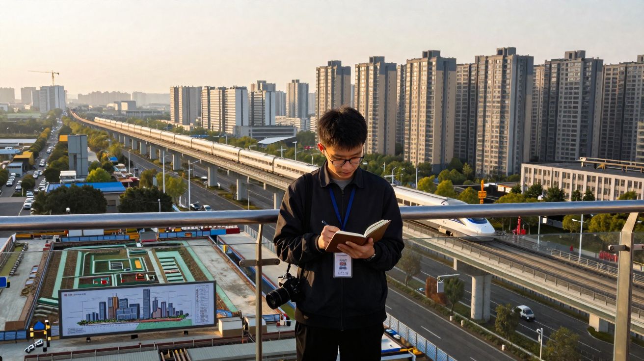 Homem tira notas num caderno com comboios de alta velocidade e edifícios residenciais ao fundo numa cidade.