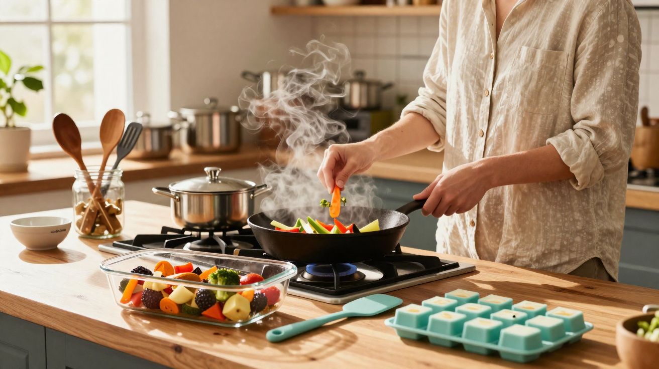 Pessoa a cozinhar legumes numa frigideira com vapor, numa cozinha moderna bem iluminada.