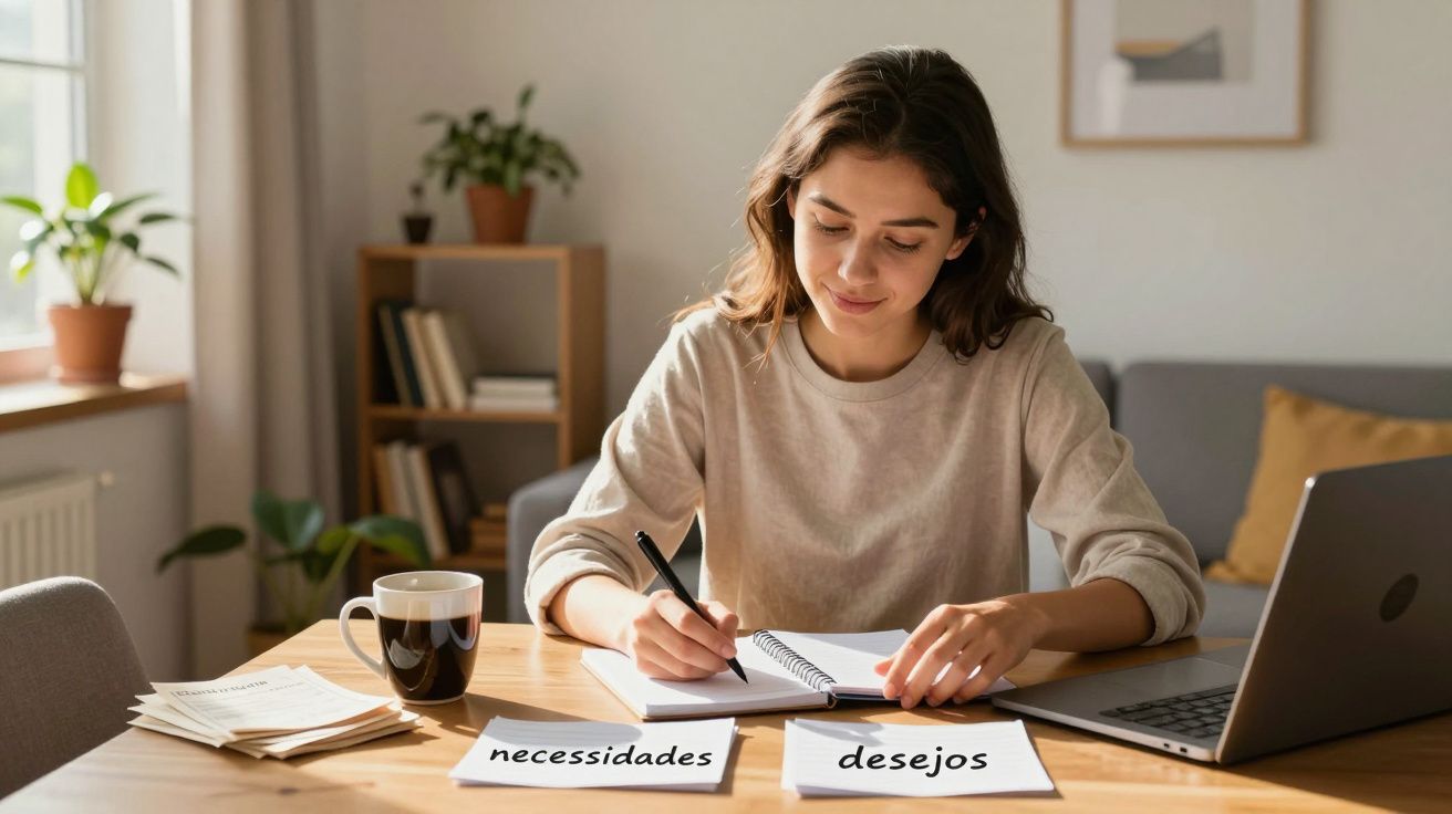 Mulher a escrever em agenda com papéis na mesa rotulados "necessidades" e "desejos", computador ao lado.