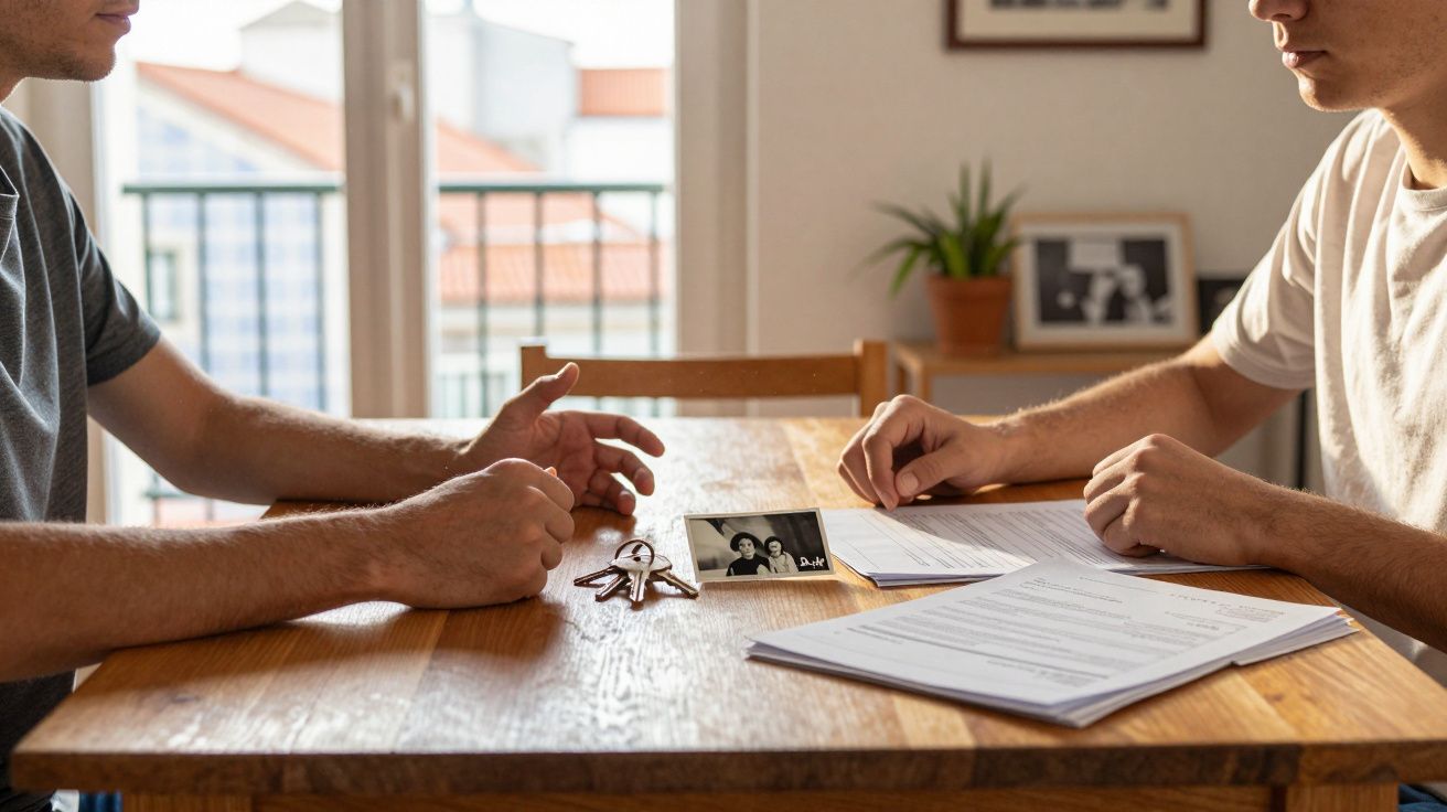Duas pessoas sentadas à mesa com documentos, chave e foto, possivelmente discutindo contrato ou acordo.