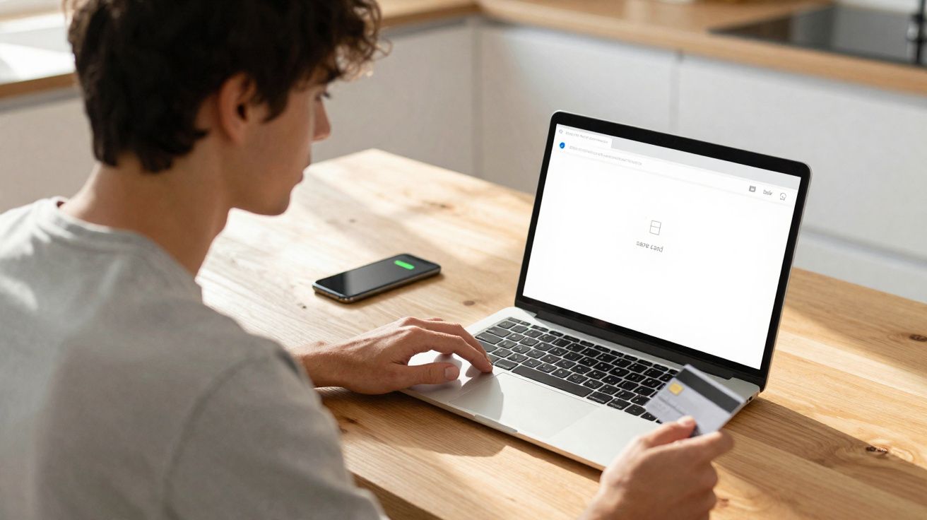 Pessoa a fazer compra online com cartão de crédito num portátil numa mesa de madeira clara.