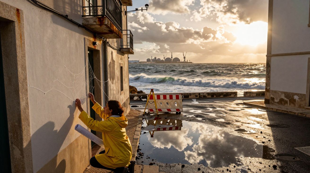 Pessoa de casaco amarelo a desenhar teia de aranha na parede junto ao mar ao pôr do sol.