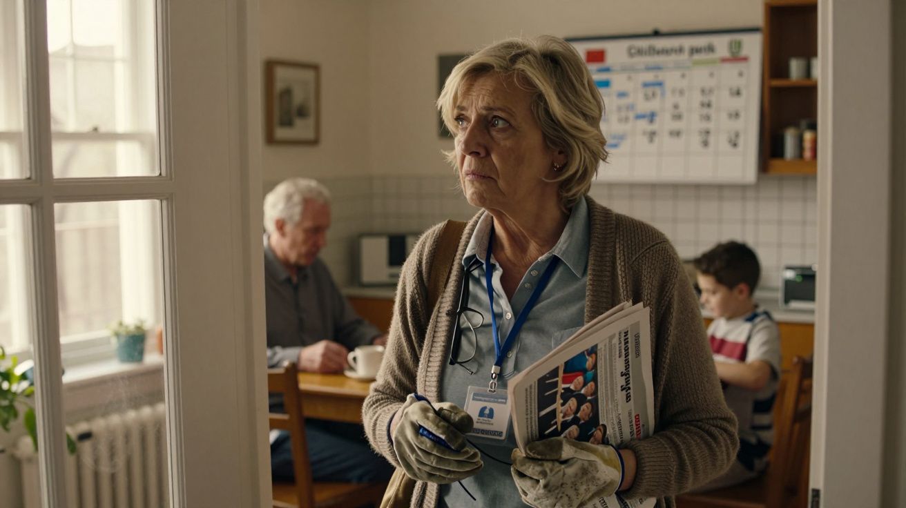 Mulher de idade média com luvas e jornal na mão, olhando preocupada, enquanto homem e menino estão à mesa ao fundo.