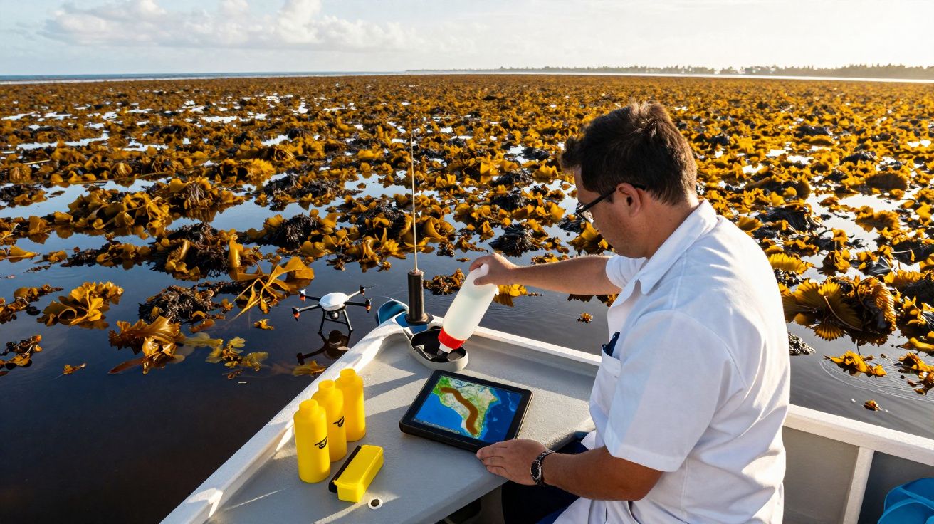 Homem em barco a recolher amostras de água numa área aquática com algas e uso de tablet e drone.