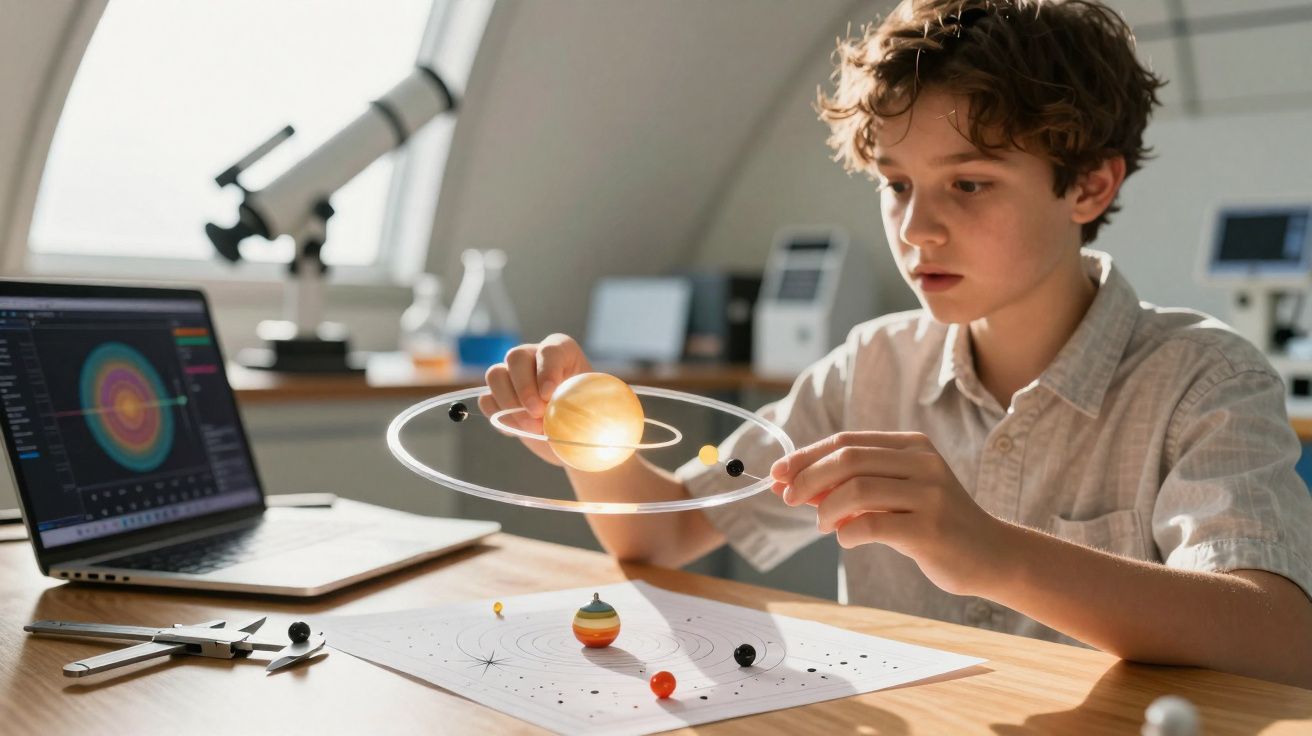 Rapaz a estudar modelo do sistema solar numa mesa com portátil e instrumentos científicos.