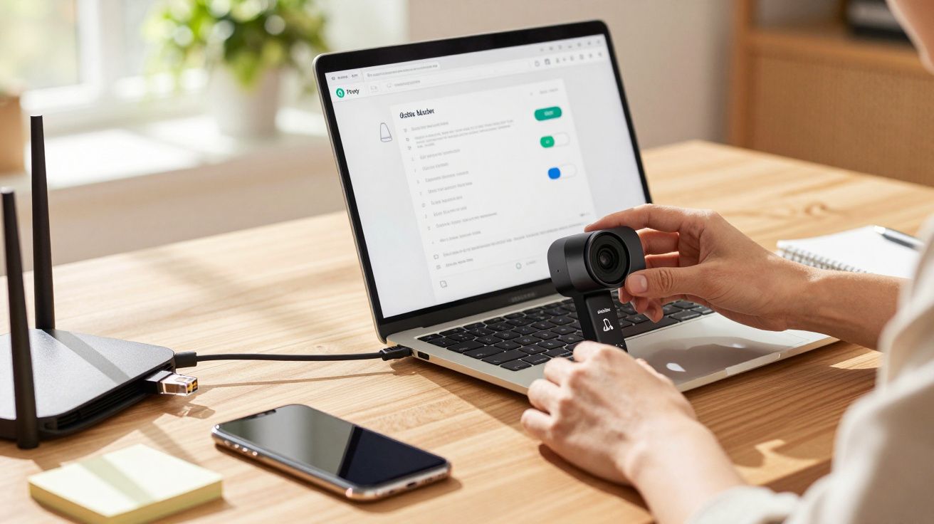 Pessoa a conectar uma webcam num portátil numa secretária com telemóvel e router.