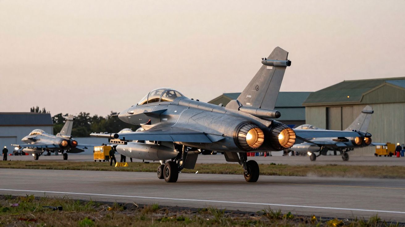 Caça militar a jato com pós-combustores ligados na pista de um aeroporto ao entardecer.