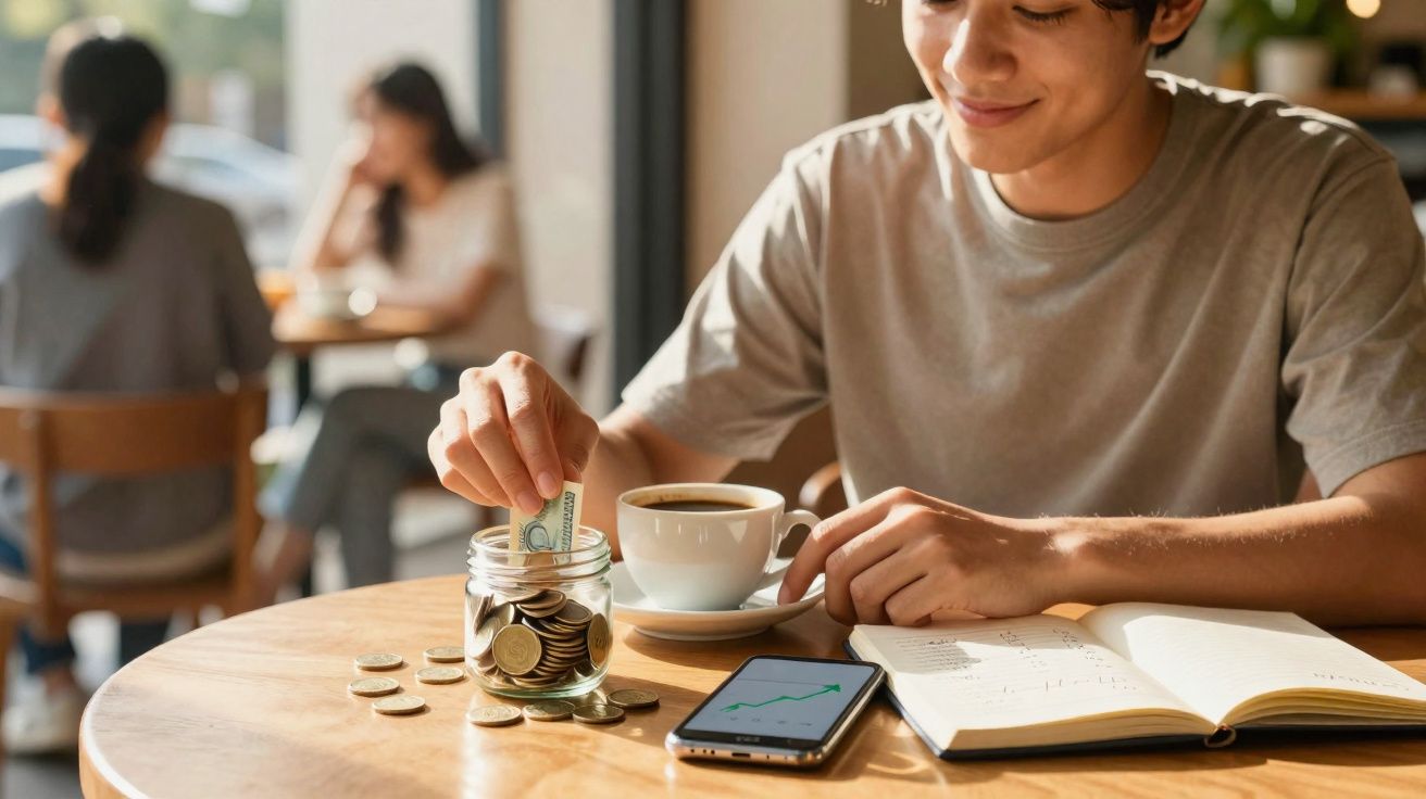 Pessoa a guardar dinheiro num mealheiro enquanto está sentada numa mesa com telemóvel, caderno e chávena de café.