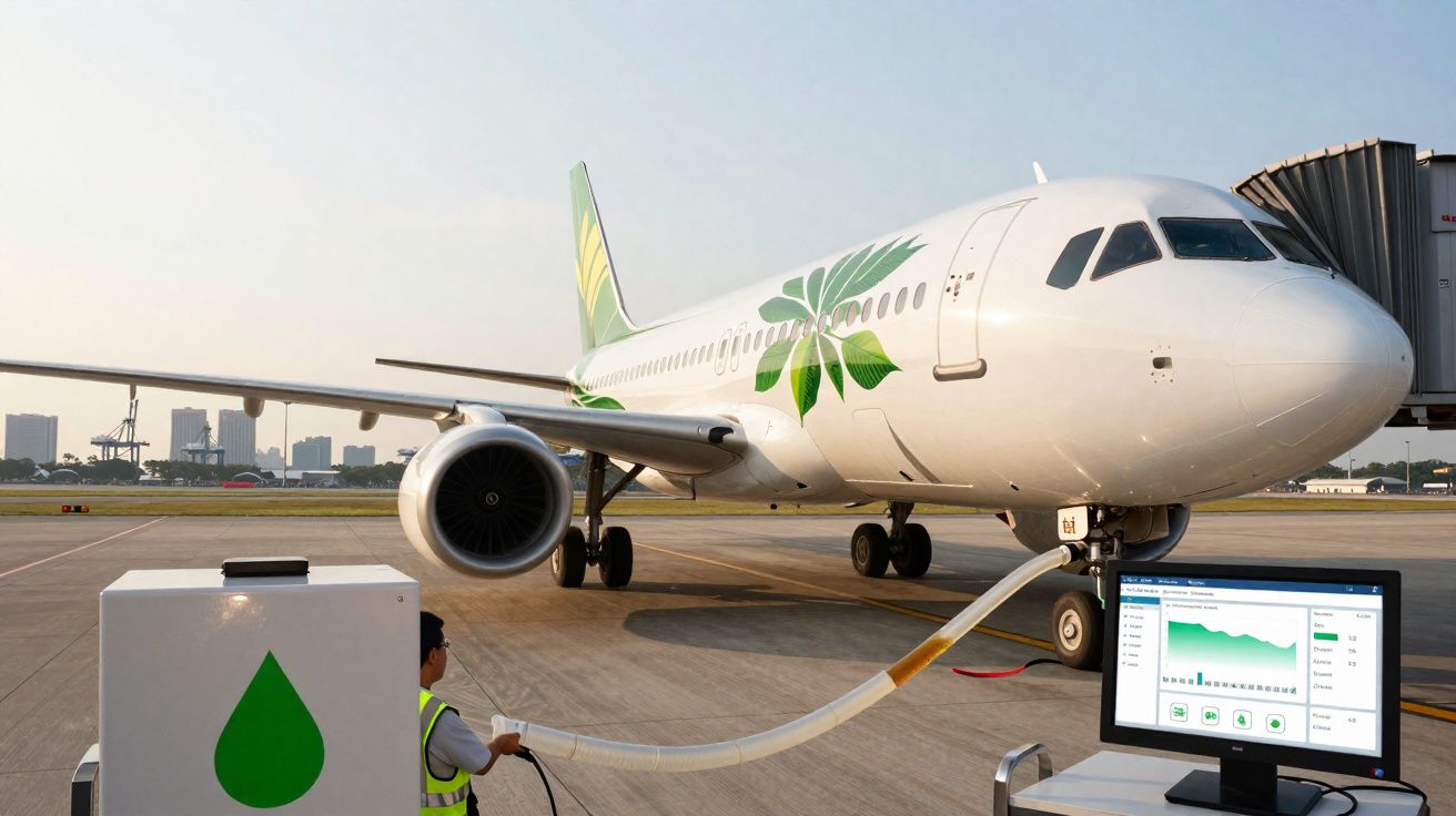 Avião no aeroporto a receber abastecimento de combustível monitorizado por computador.