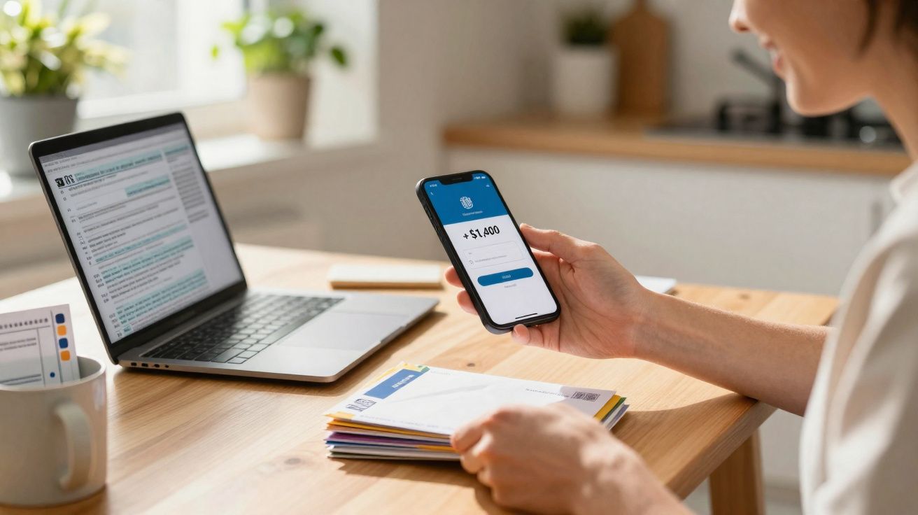 Pessoa a verificar saldo bancário num smartphone sentada numa mesa com computador portátil e documentos.