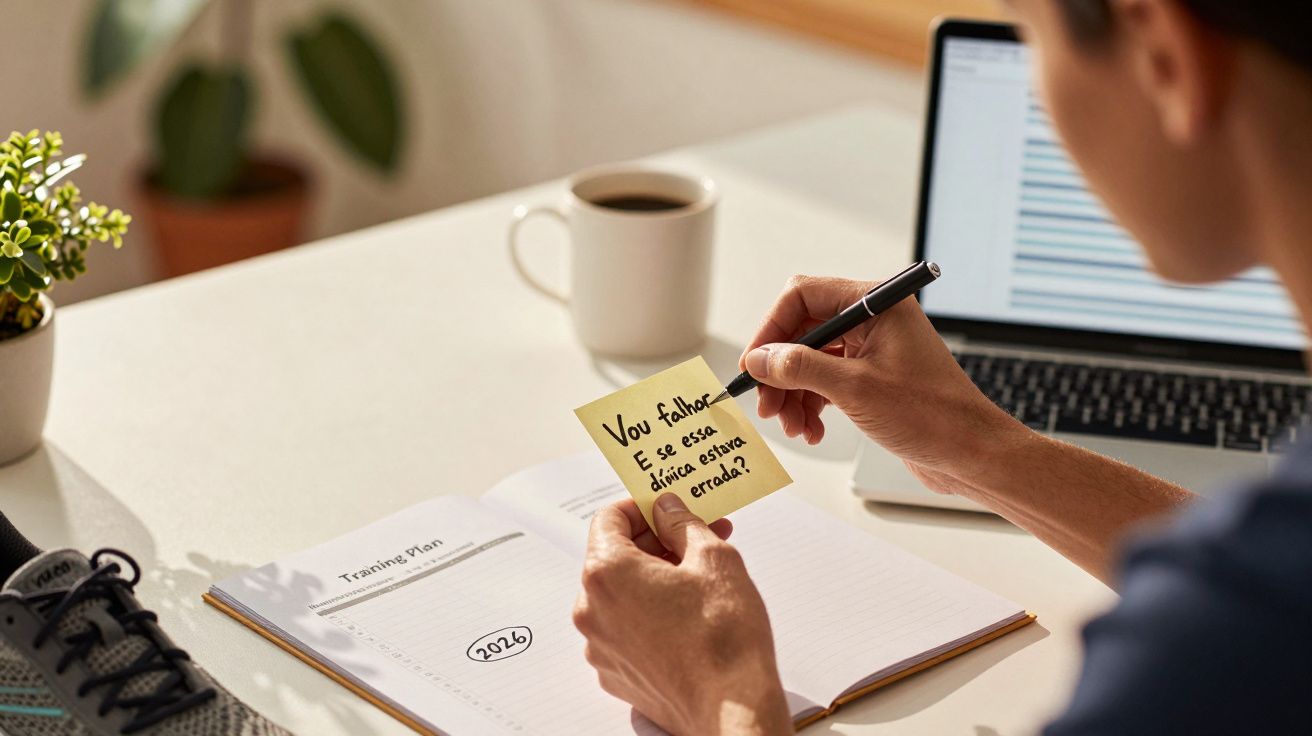 Pessoa a escrever mensagem motivacional num post-it, com caderno, computador e caneca na mesa branca.