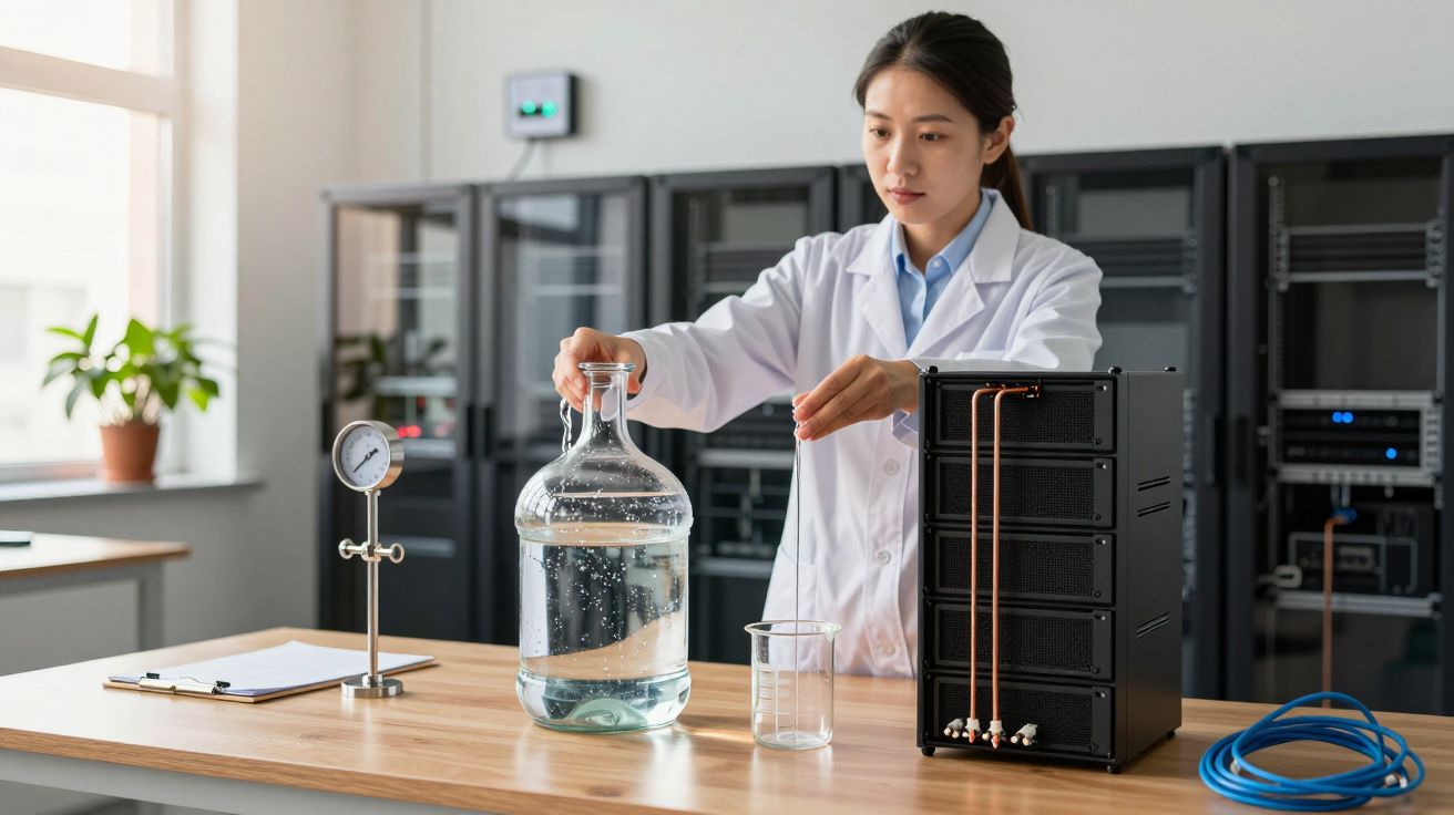 Cientista mulher a preparar experimento com garrafa de vidro e equipamento de laboratório numa mesa.
