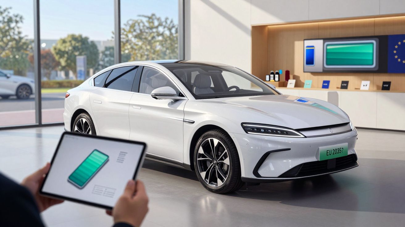Carro elétrico branco em exposição, com pessoa a segurar tablet que mostra carga da bateria.