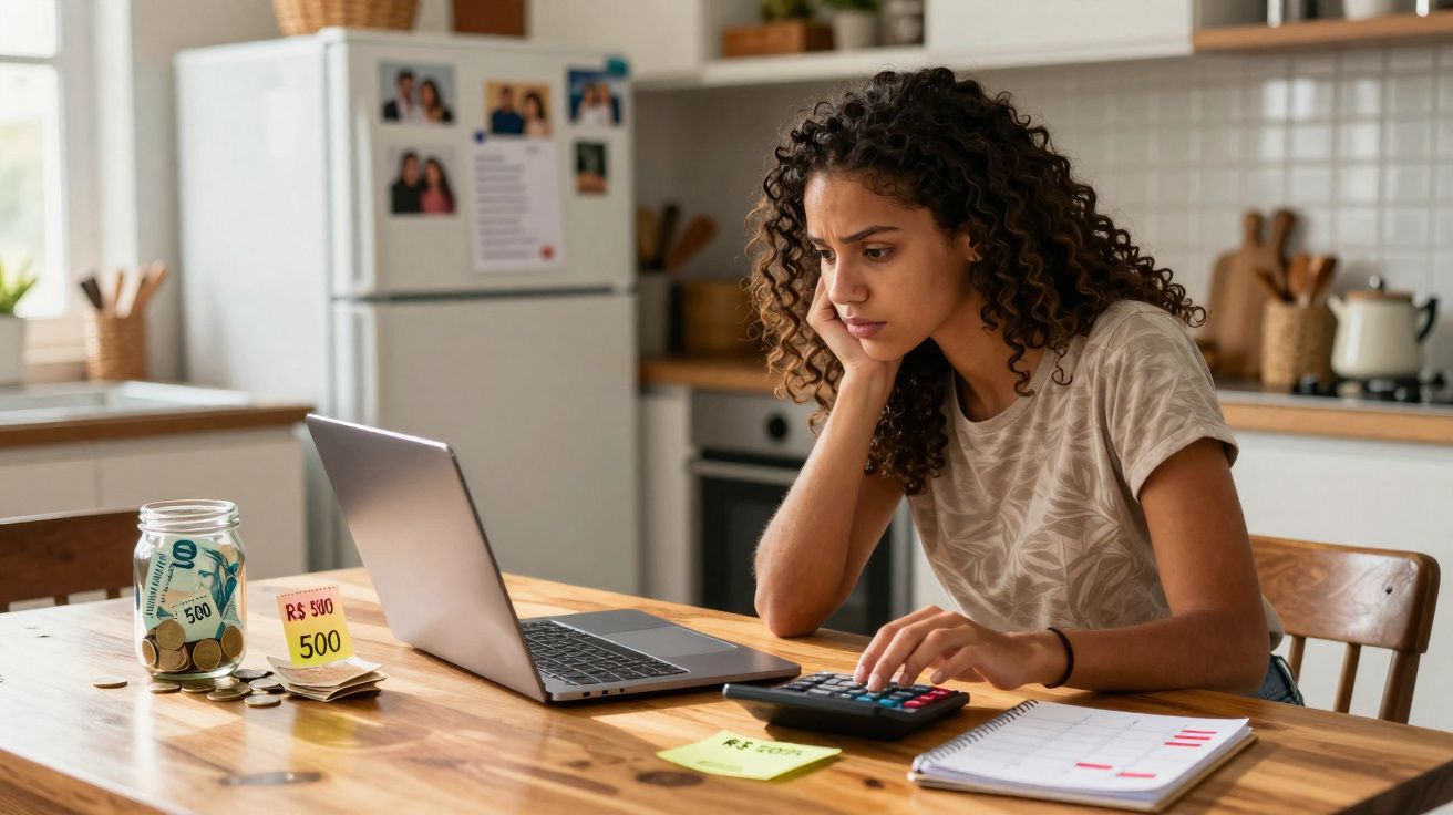 Mulher jovem a calcular despesas com calculadora e computador portátil na cozinha de casa.