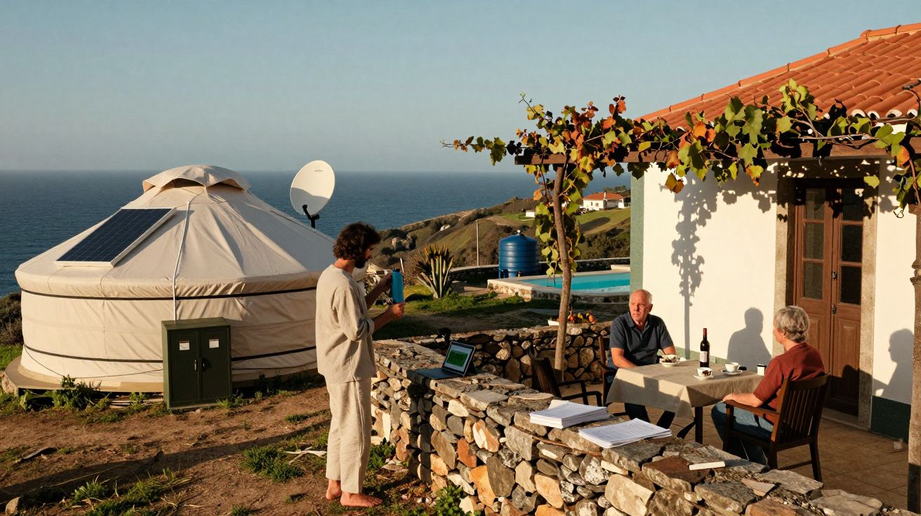Três pessoas desfrutam de uma mesa junto a casa com vista para o mar e uma tenda circular com painéis solares.