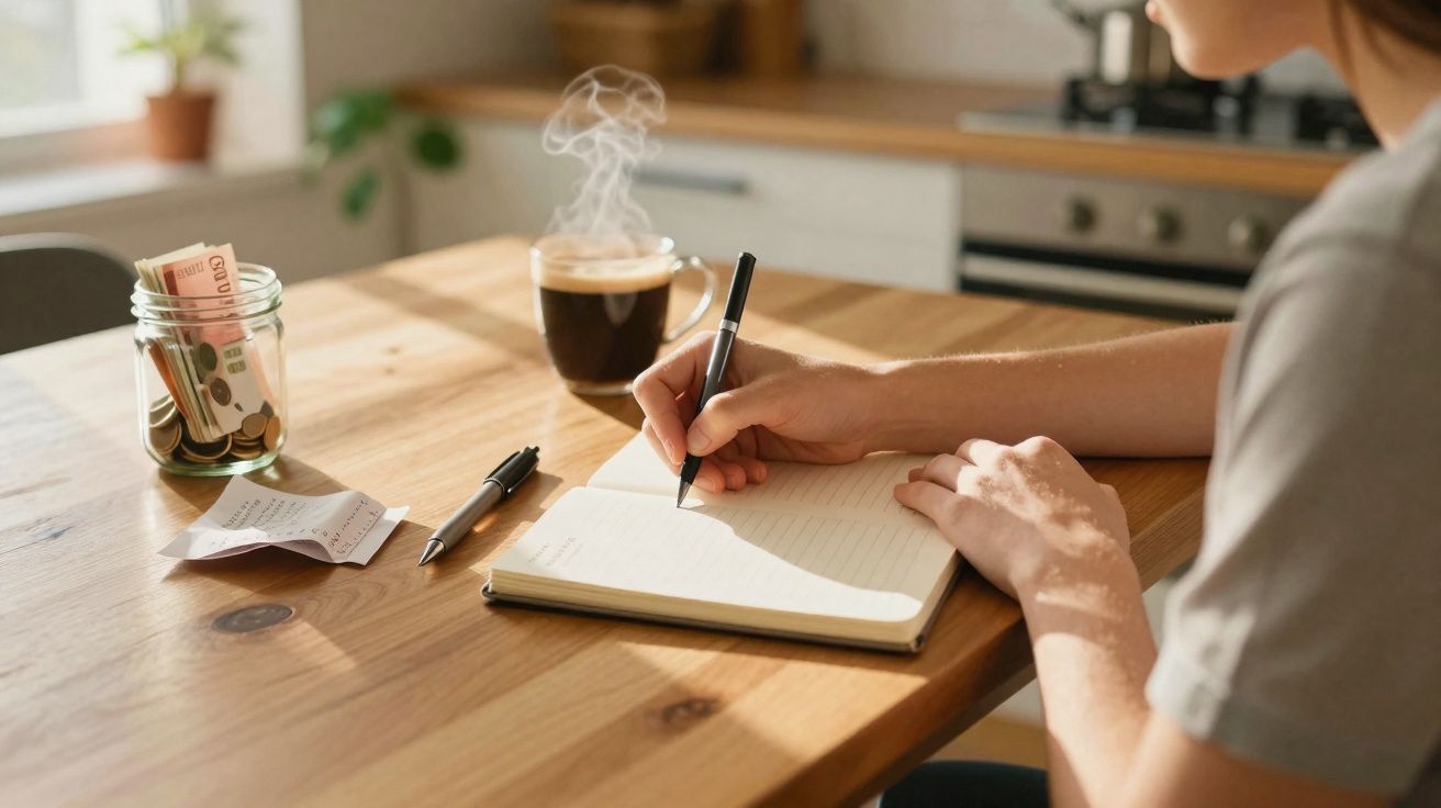 Pessoa a escrever num caderno numa mesa de madeira com dinheiro num pote e chá quente ao fundo.