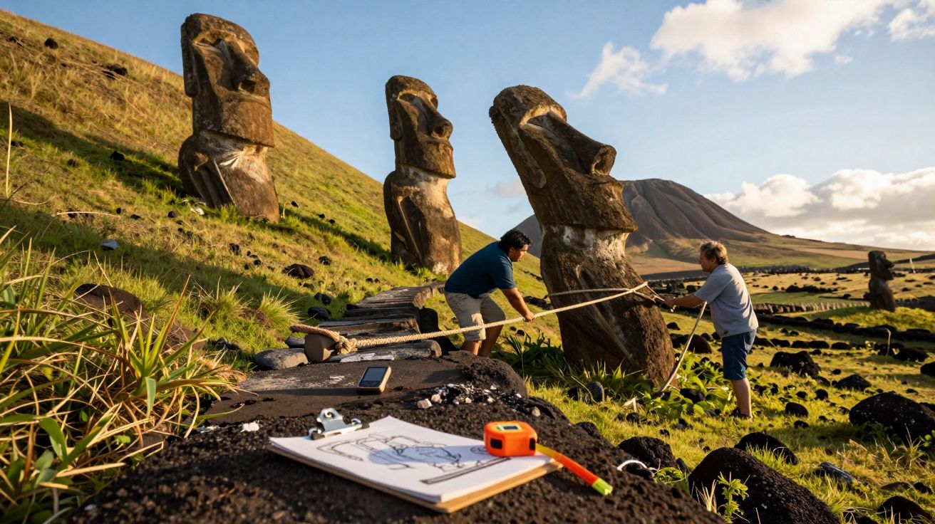 Dois homens trabalham na restauração de estátuas moai na Ilha de Páscoa sob um céu azul com nuvens.