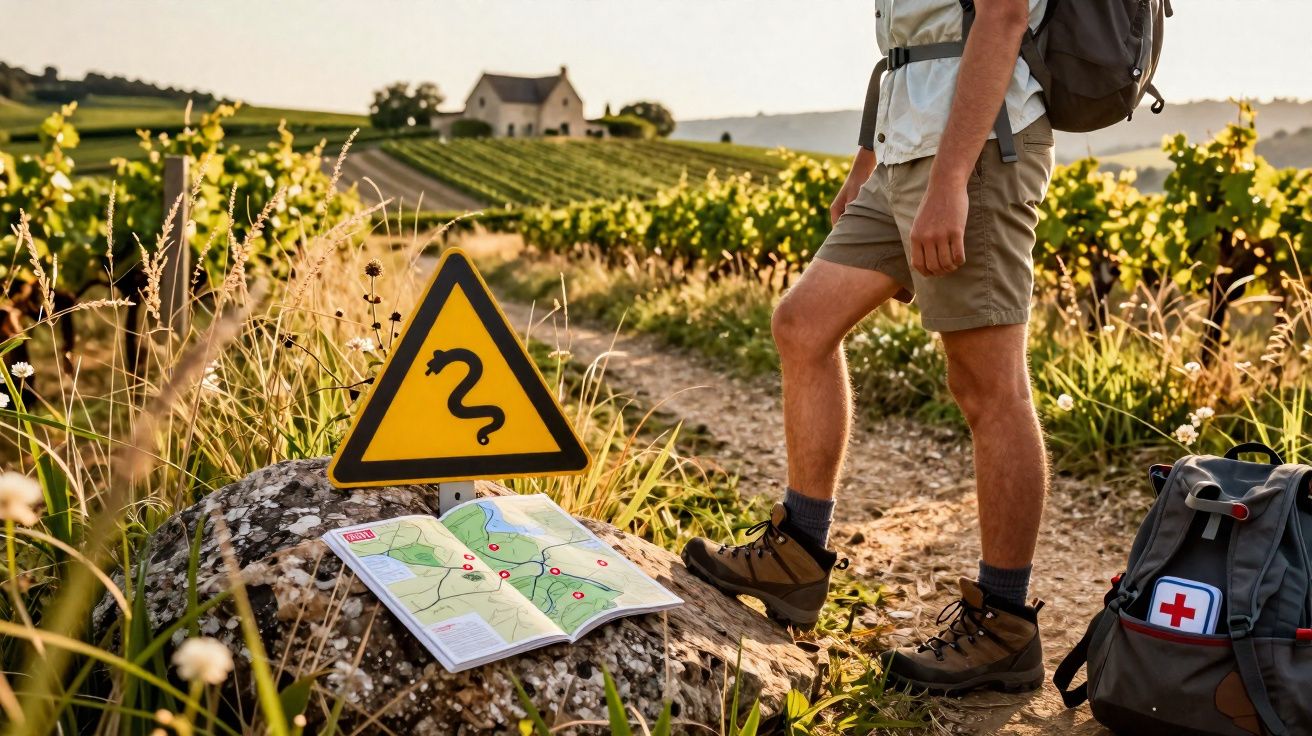 Pessoa a caminhar num trilho campestre com mochila, mapa no chão e placa de aviso de serpente.