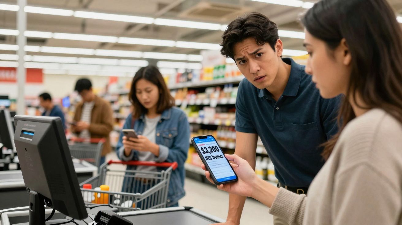 Jovem mostra saldo de $3.200 no telemóvel a pessoa numa caixa de supermercado.