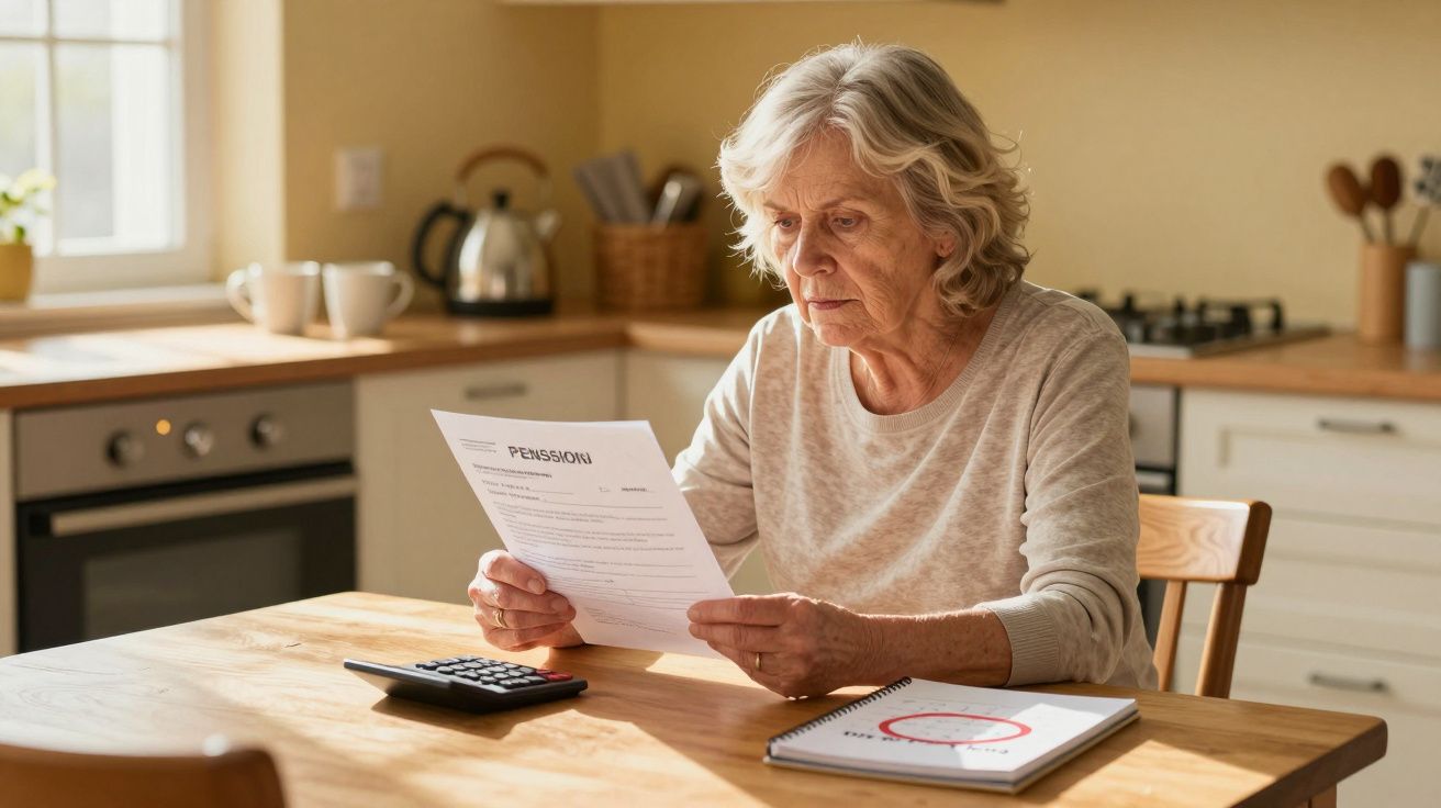 Mulher idosa sentada à mesa a ler documento sobre pensão com calculadora e caderno à frente.