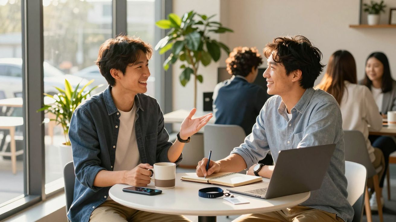 Duas pessoas a conversar num café com laptop, caderno e café, ambiente luminoso e plantas ao fundo.