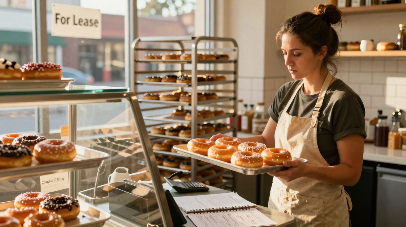 Mulher com avental segura tabuleiro de donuts numa pastelaria com vitrines e prateleiras cheias.